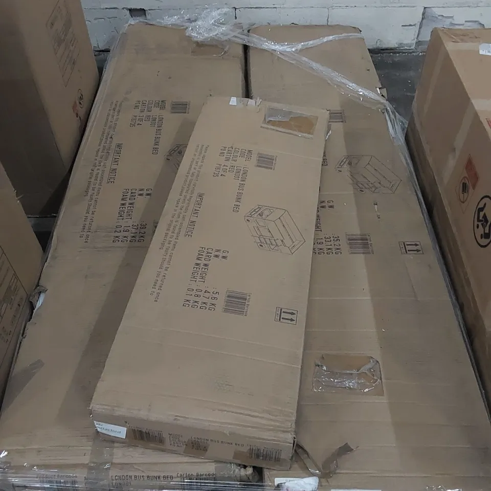 BOXED LONDON BUS BUNK BED - RED (INCOMPLETE, 3 BOXES OF 4 ONLY. BOX 2 OF 4 MISSING)