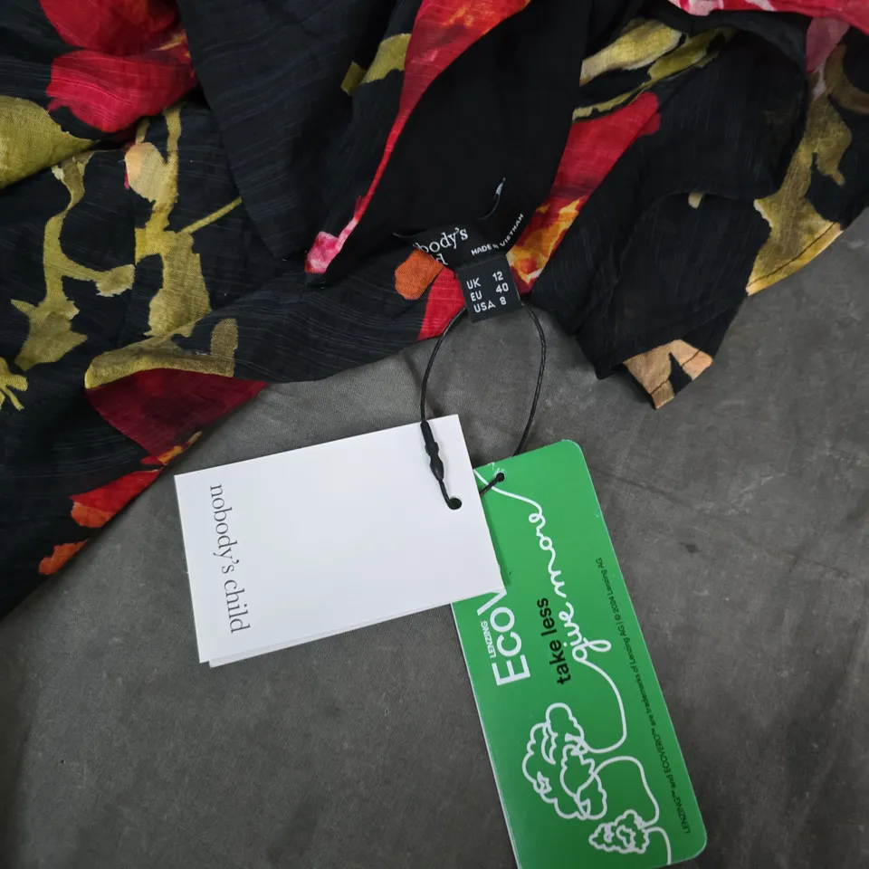 NOBODY'S CHILD FLORAL MAXI DRESS – BLACK WITH RED, PINK & YELLOW FLOWERS, UK 12