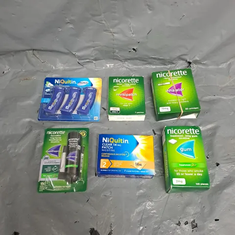 APPROXIMATELY 15 ASSORTED SMOKING PREVENTION AIDS TO INCLUDE NICORETTE MOUTHSPRAY, NIQUITIN MINIS, NICORETTE GUM, ETC