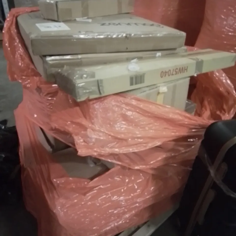 PALLET OF ASSORTED ITEMS TO INCLUDE, FOLDING SACK TRUCK, SUITCASE, 2 × HOMIDEC DRYING RACKS, TOILET SEAT, BOXED FURNITURE.