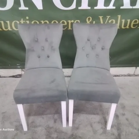 PAIR BEWLEY GREY VELVET BUTTONED BACK DINING CHAIRS WHITE LEGS