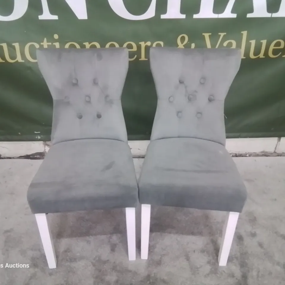 PAIR BEWLEY GREY VELVET BUTTONED BACK DINING CHAIRS WHITE LEGS