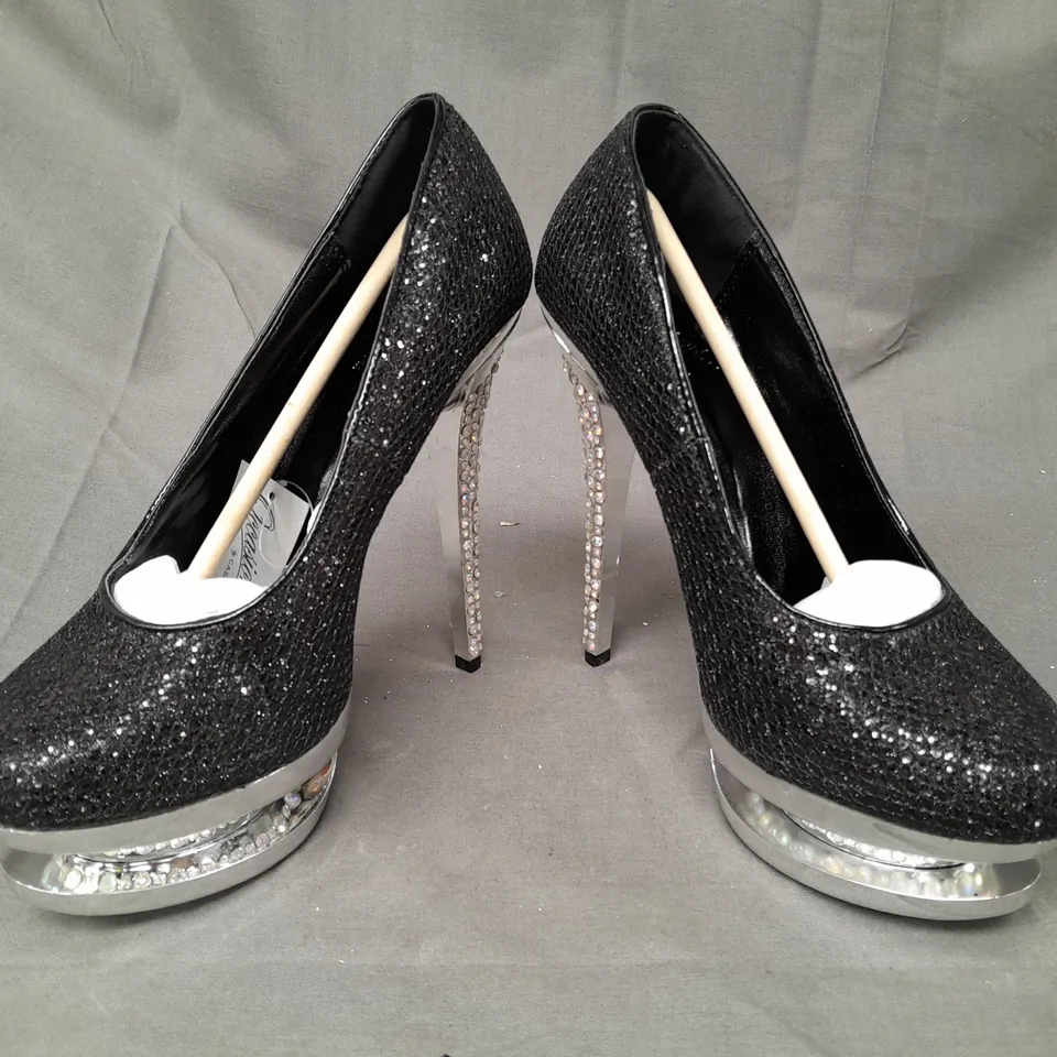 BOX OF APPROXIMATELY 10 BOXED PAIRS OF OCCASIONS PLATFORM HIGH HEEL SHOES IN BLACK W. JEWEL EFFECT - VARIOUS SIZES