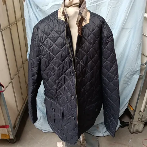 BARBOUR QUILTED JACKET, NAVY, BARBOUR LABEL, BURBERRY-CHECK LINING – UK XXXL