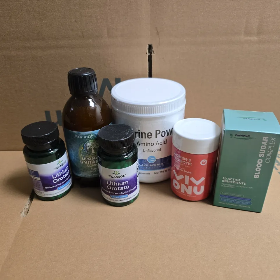 APPROXIMATELY 15 ASSORTED VITAMIN/HEALTH AID PRODUCTS TO INCLUDE L-SERINE POWDER AMINO ACID, ENERIWELL BLOOD SUGAR, LITHIUM OROTATE, ETC - COLLECTION ONLY