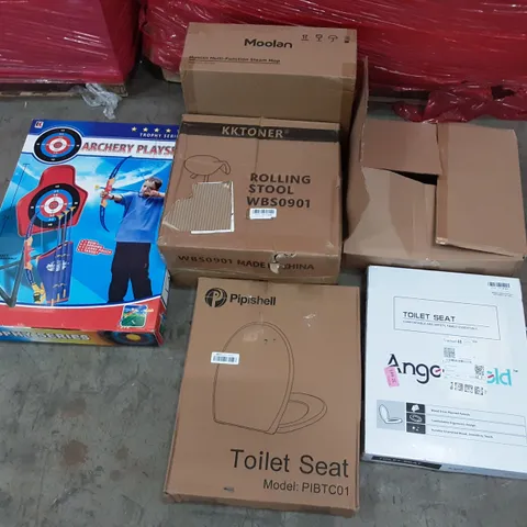 PALLET OF ASSORTED PRODUCTS TO INCLUDE PIPISHELL TOILET SEAT, ANGELSHEILD TOILET SEAT, ARCHERY PLAY SET, KKTONER ROLLING STOOL, MOOLAN MULTI-FUNCTIONING STEAM MOP, AIFEEL KITTEN APPLIANCE