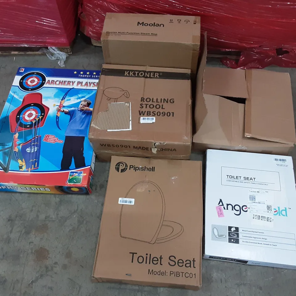 PALLET OF ASSORTED PRODUCTS TO INCLUDE PIPISHELL TOILET SEAT, ANGELSHEILD TOILET SEAT, ARCHERY PLAY SET, KKTONER ROLLING STOOL, MOOLAN MULTI-FUNCTIONING STEAM MOP, AIFEEL KITTEN APPLIANCE