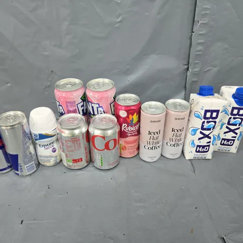 APPROXIMATELY 10 ASSORTED DRINK ITEMS TO INCLUDE - FANTA, REDBULL, AND BOX H20 ETC.