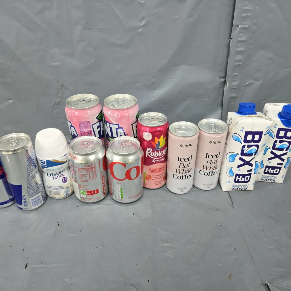 APPROXIMATELY 10 ASSORTED DRINK ITEMS TO INCLUDE - FANTA, REDBULL, AND BOX H20 ETC.