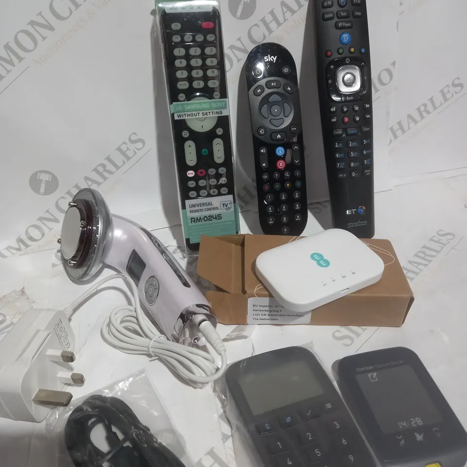 BOX OF APPROXIMATELY 15 ASSORTED ITEMS TO INCLUDE - TV REMOTES, EE DATA BOX, MASSAGER ETC