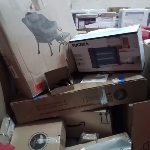PALLET CONTAINING VARIOUS ASSORTED BOXED HOUSEHOLD ITEMS TO INCLUDE: LITHIUM BATTERY CHARGERS, INSECTVKILLER, CHAIR WITH FOOTSTOOL AND LOTS MORE UNMARKED BOXED ITEMS
