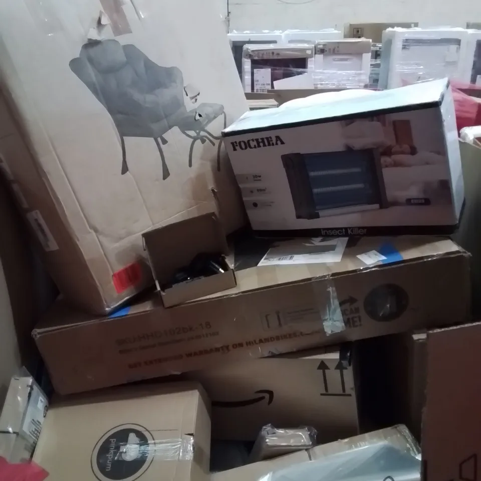 PALLET CONTAINING VARIOUS ASSORTED BOXED HOUSEHOLD ITEMS TO INCLUDE: LITHIUM BATTERY CHARGERS, INSECTVKILLER, CHAIR WITH FOOTSTOOL AND LOTS MORE UNMARKED BOXED ITEMS 