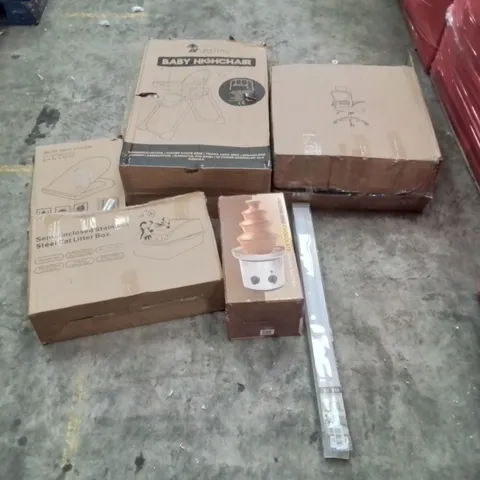 PALLET CONTAINING ASSORTED PRODUCTS INCLUDING: OFFICE CHAIR, BABY HIGHCHAIR, CHOCOLATE FONDUE FOUNTAIN, STAINLESS STEEL CAT LITTER BOX, TOILET SEAT, BLINDS ECT