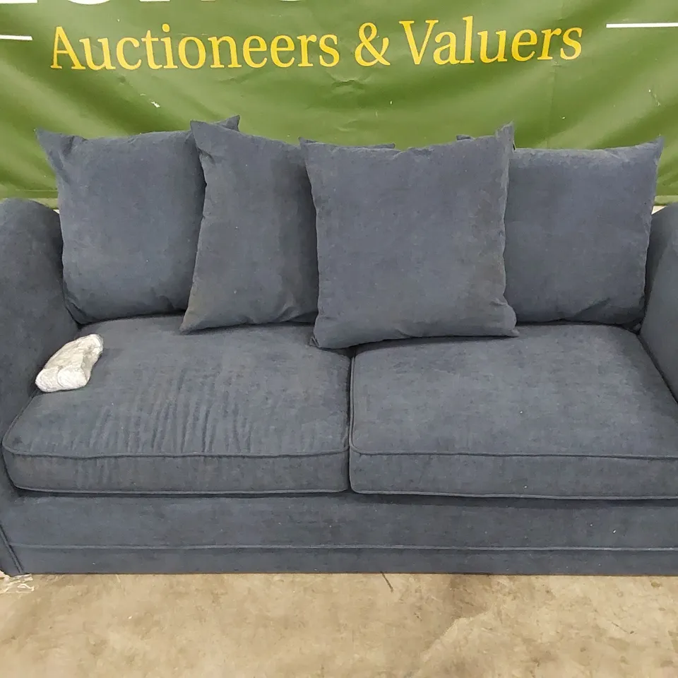 QUALITY DESIGNER 3 SEATER FABRIC UPHOLSTERED SOFA - NAVY BLUE