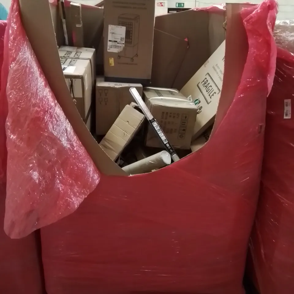 PALLET CONTAINING VARIOUS ASSORTED HOUSEHOLD ITEMS TO INCLUDE: CEILING FAN LIGHT, AIR COOLER, DUMBELL SET, WINDOW FILM AND LOTS MORE UNMARKED BOXED ITEMS 