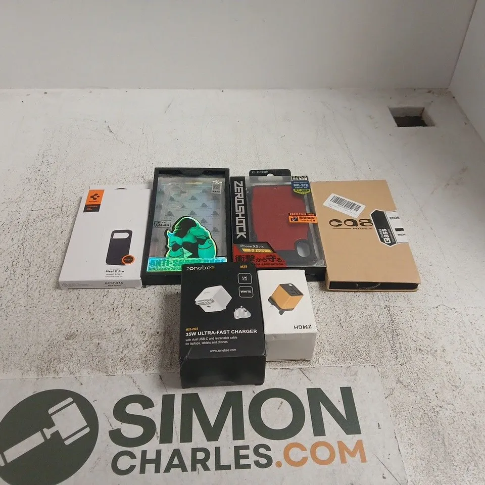 TOTE OF APPROXIMATELY 20 ASSORTED ITEMS TO INCLUDE ULTRA FAST CHARGER, ZEROSHOCK PROTECTIVE CASE, SPIGEN CASE, ARMOR ANTI SHOCK CASE ETC