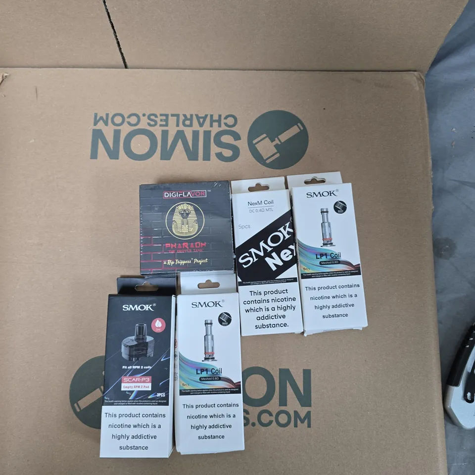 BOX OF APPROXIMATELY 50 ASSORTED E-CIGARETTES AND ACCOMPANIMENTS TO INCLUDE: VARIOUS SMOK COIL PRODUCTS 