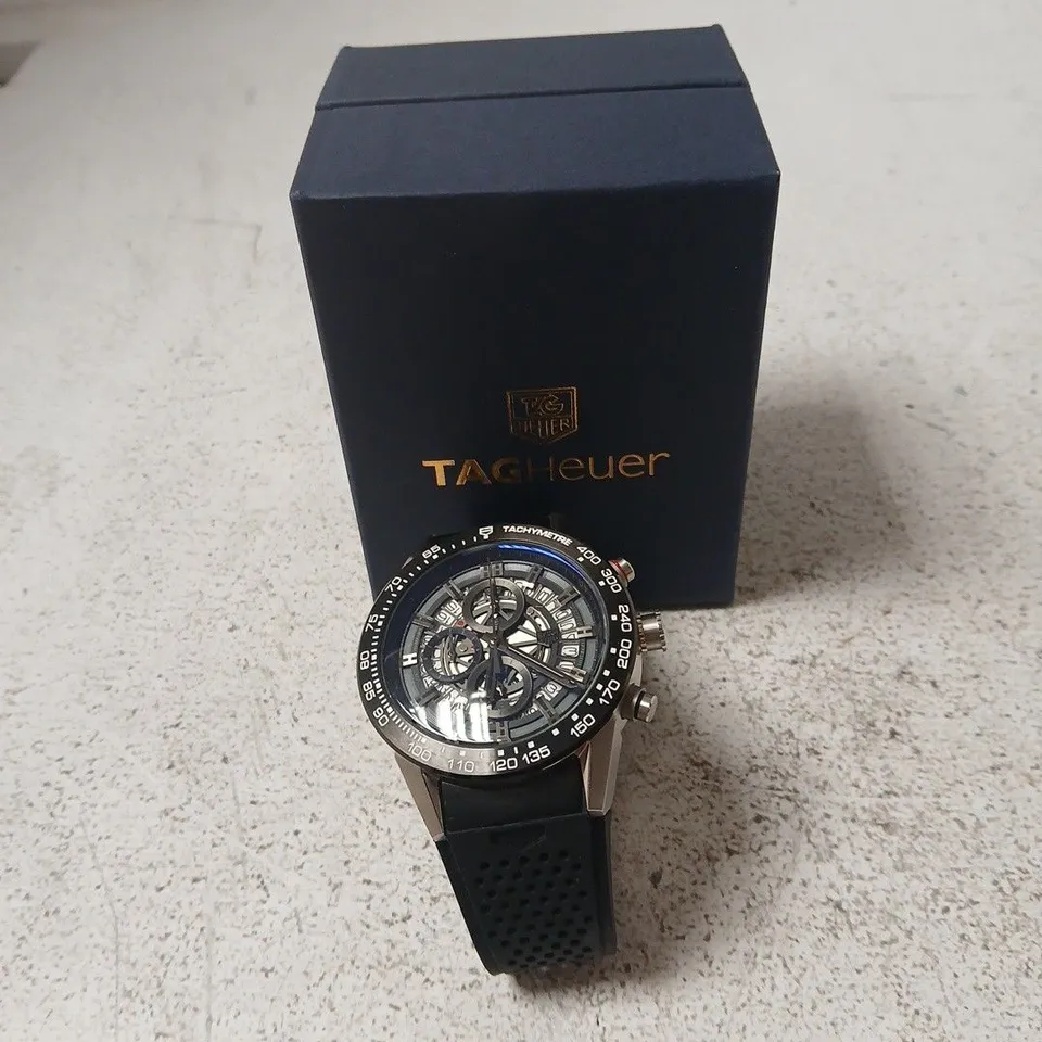 TAG HEUER CARRERA SKELETON DIAL WATCH – BLACK RUBBER STRAP (BOXED)