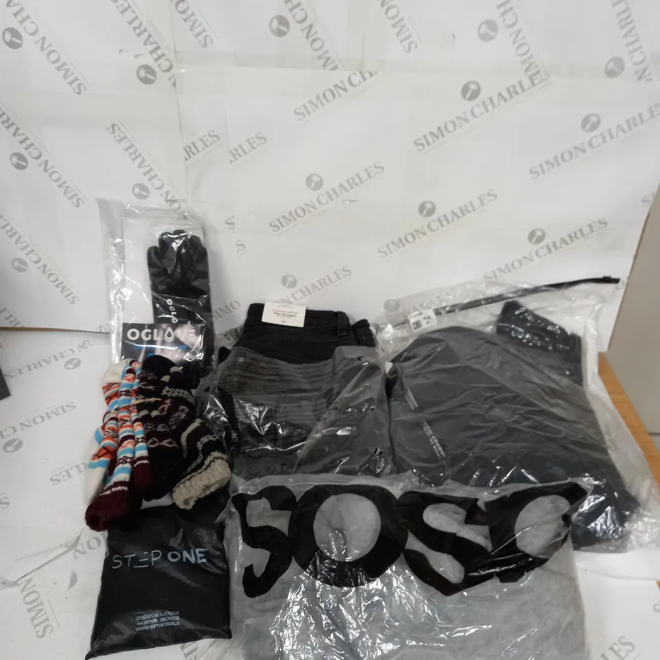 LARGE BOX OF ASSORTED CLOTHING ITEMS IN VARIOUS COLOURS AND SIZES INCLUDING TROUSERS , TOPS AND JUMPERS 