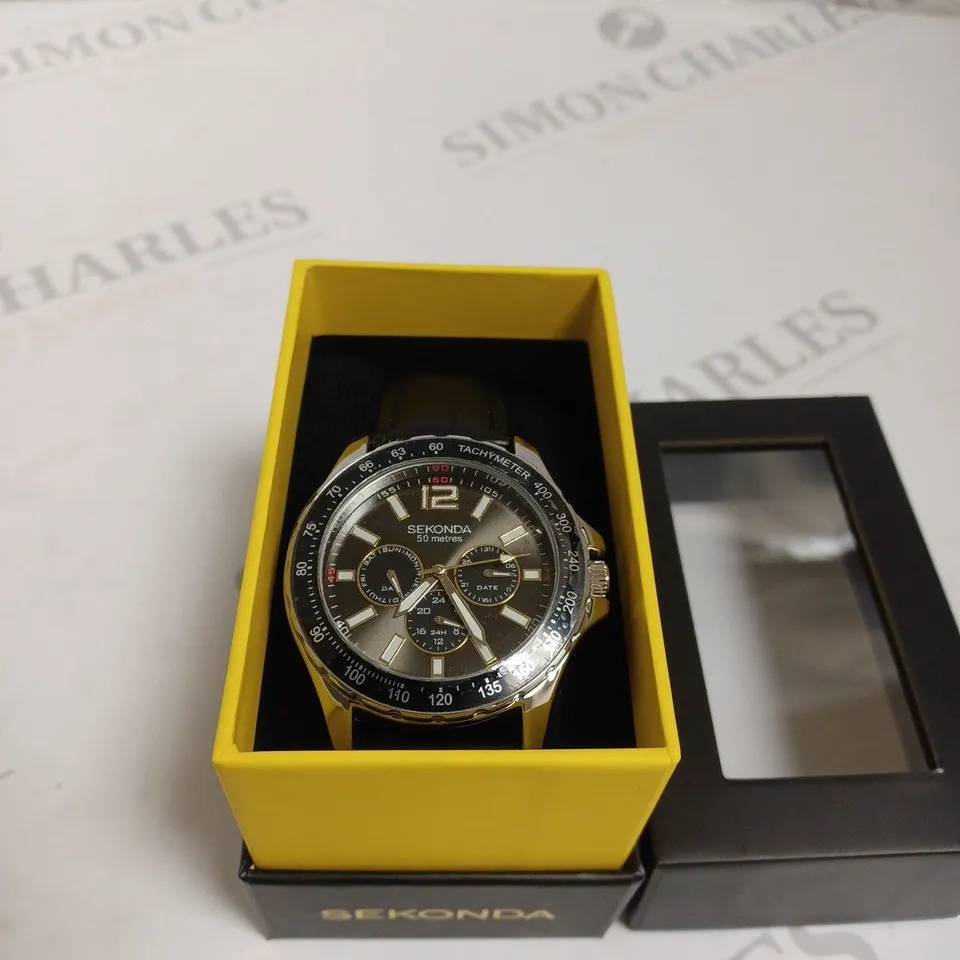 BOXED SEKONDA GENTS WATCH WITH GENUINE LEATHER - BLACK 