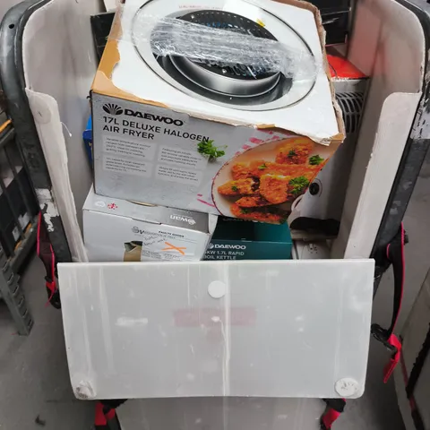 CAGE CONTAINING A LARE QUANTITY OF HOUSEHOLD ITEMS TOO INCLUDE TOASTERS, DAMAGED AIR FRYERS , HEATED BLANKETS , ETC 