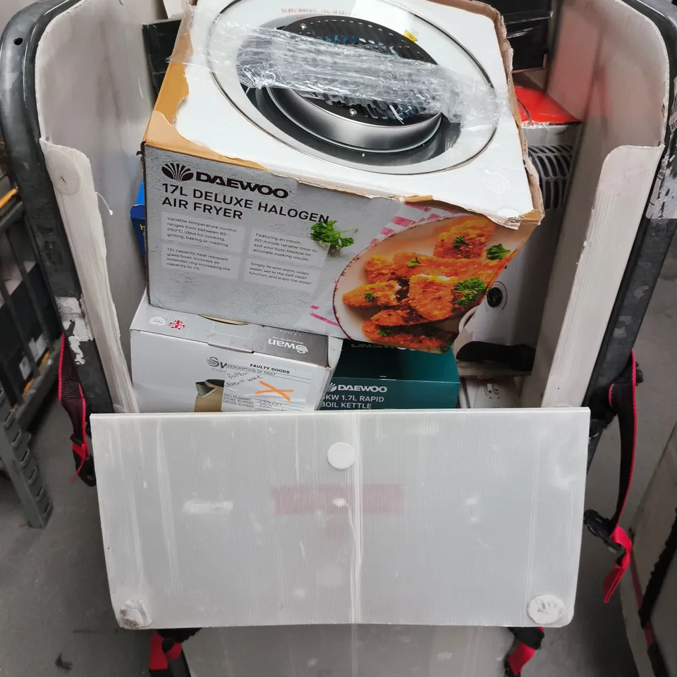 CAGE CONTAINING A LARE QUANTITY OF HOUSEHOLD ITEMS TOO INCLUDE TOASTERS, DAMAGED AIR FRYERS , HEATED BLANKETS , ETC 