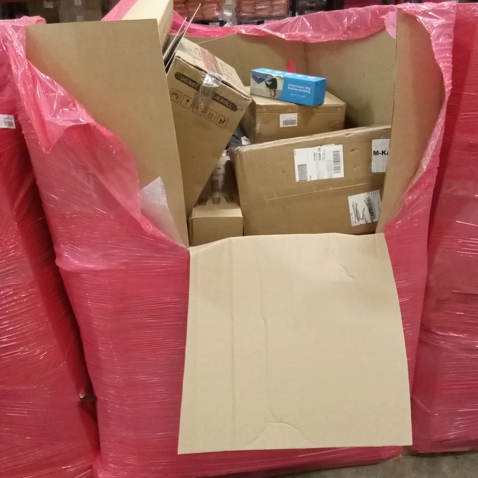 PALLET OF ASSORTED HOUSEHOLD GOODS AND PRODUCTS TO INCLUDE; CHILDREN'S MINI WHEEL BARROWS, ELECTRIC CAR CHARGER, GARDEN PUMP, TV STAND, COUNTERTOP REVERSE OSMOSIS SYSTEM ETC