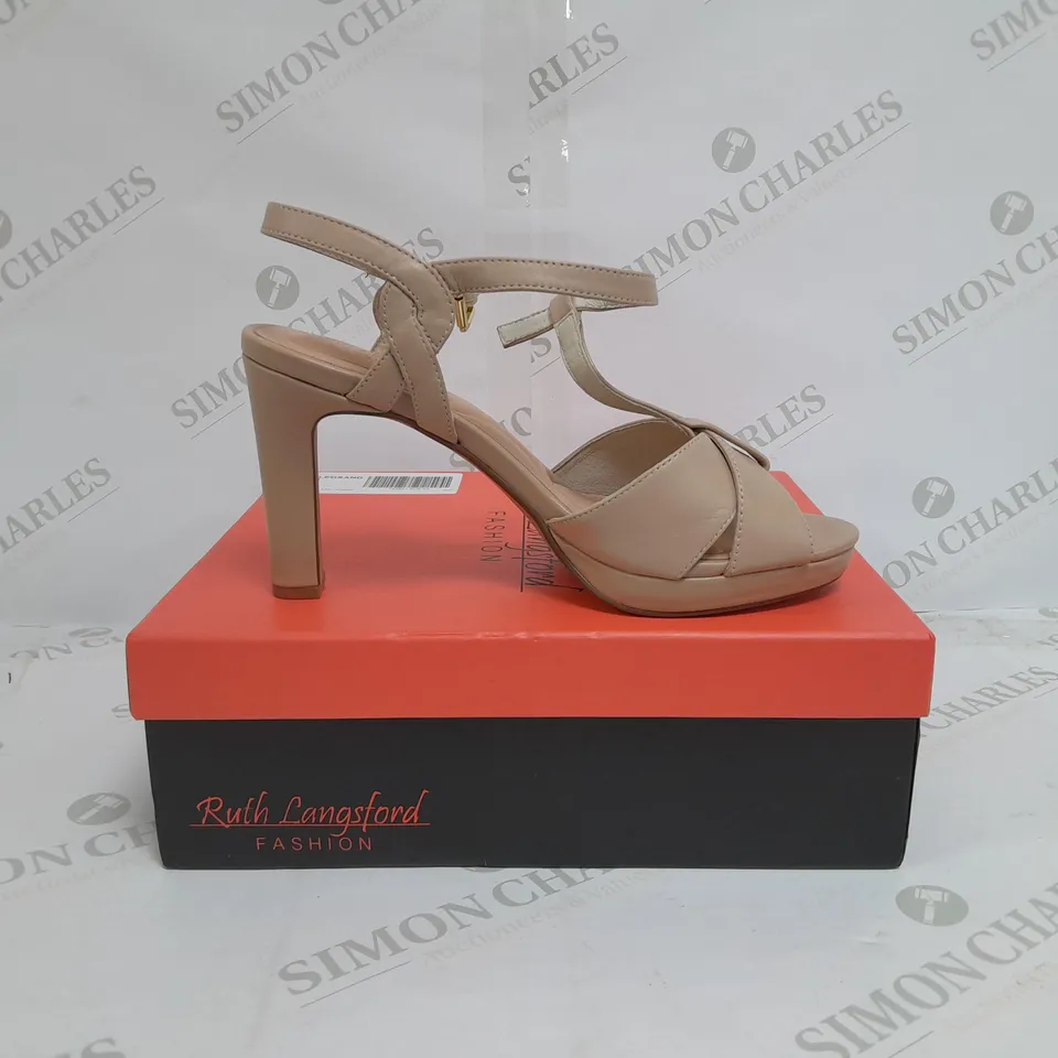 BOXED PAIR OF RUTH LANGSFORD HEELED SANDALS IN MATTE ALMOND SIZE 6