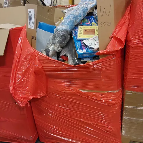 PALLET TO CONTAIN ASSORTED HOUSEHOLD ITEMS AND CONSUMER PRODUCTS. INCLUDING TOYS, CHRISTMAS DECORATIONS, VACUUM CLEANER, BOXED FURNITURE ETC
