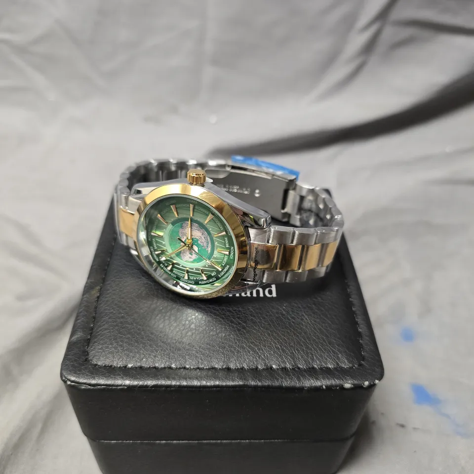 MENS ERNEST FERDINAND WORLD TIME WATCH - GREEN DIAL WITH CAPITALS - TWO-TONE STAINLESS STEEL WATCH - GIFT BOX