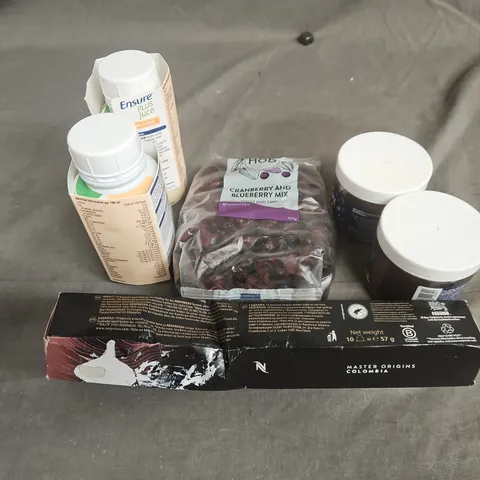 TOTE OF APPROXIMATELY 11 ASSORTED FOOD AND DRINK ITEMS TO INCLUDE SLEEPTIME HONEY , ENSURE PLUS JUICE , COFFEE PODS , ETC 