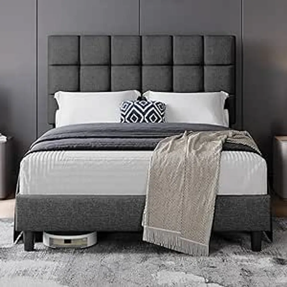 BOXED YAHEETECH 4FT6 DOUBLE BED FRAME UPHOLSTERED PLATFORM BED WITH ADJUSTABLE SQUARE TUFTED HEADBOARD/LINEN FABRIC/STURDY WOODEN SLAT SUPPORT/NO BOX SPRING NEEDED, DARK GREY