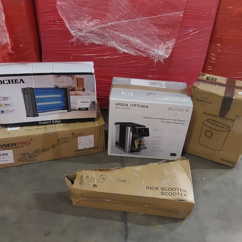 PALLET CONTAINING ASSORTED CONSUMER PRODUCTS TO INCLUDE: HOT WATER DISPENSER, DRYWALL SANDER, INSECT KILLER, KICK SCOOTER ECT