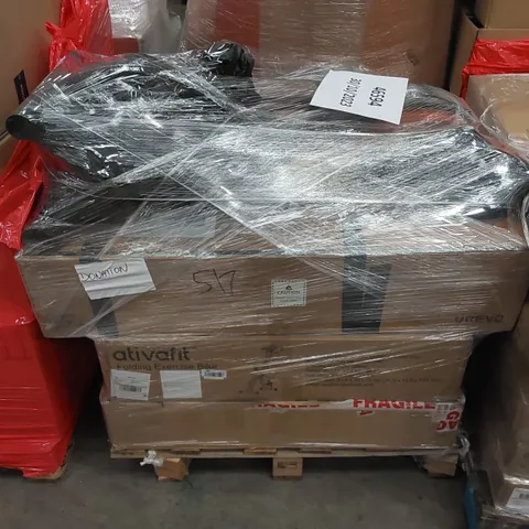 PALLET CONTAINING ASSORTED HOUSEHOLD PRODUCTS. INCLUDES FOLDING EXERCISE BIKES ETC