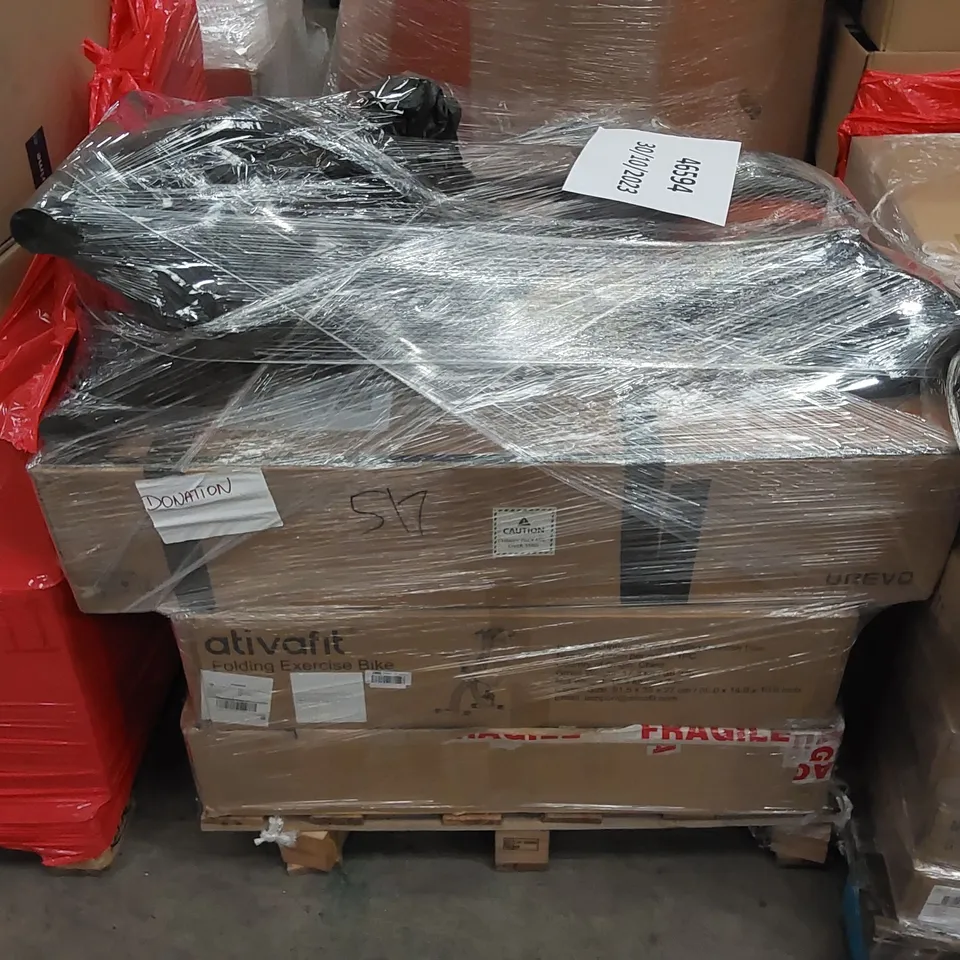 PALLET CONTAINING ASSORTED HOUSEHOLD PRODUCTS. INCLUDES FOLDING EXERCISE BIKES ETC 