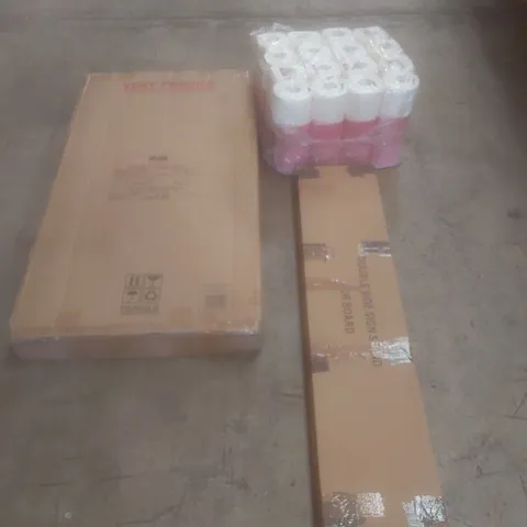 PALLET OF ASSORTED HOUSEHOLD GOODS AND PRODUCTS TO INCLUDE; CLOTHES AIRER, IRONING BOARD, DOUBLE SIDE SIGN STAND, BOXED FURNITURE ETC