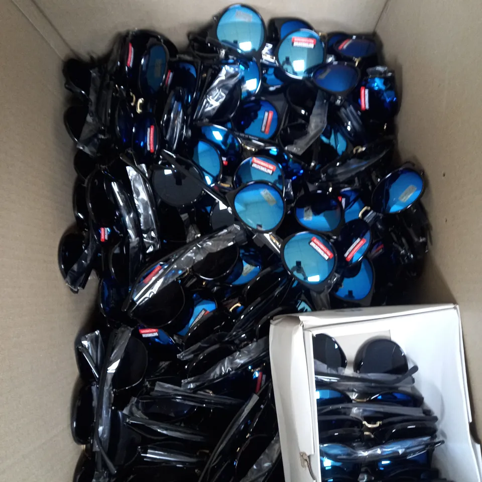 BOX OF BLACK MIRRORED LENS SUN GLASSES