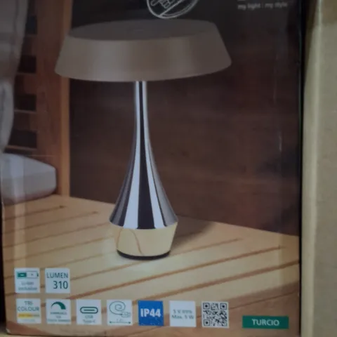 BOXED EGLO TURCIO TABLE LAMP – CHROME STEM, CREAM SHADE, 310 LUMENS