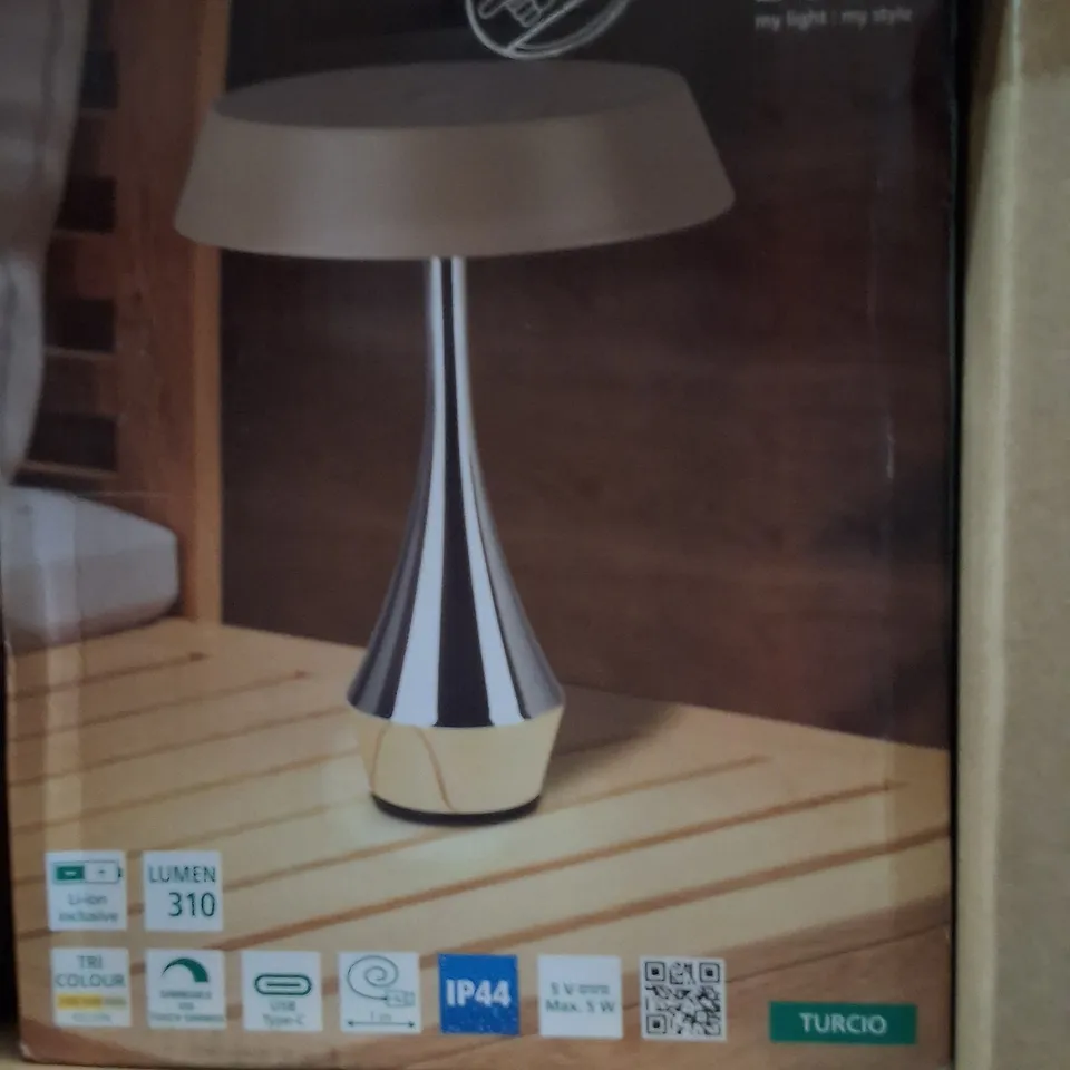 BOXED EGLO TURCIO TABLE LAMP – CHROME STEM, CREAM SHADE, 310 LUMENS