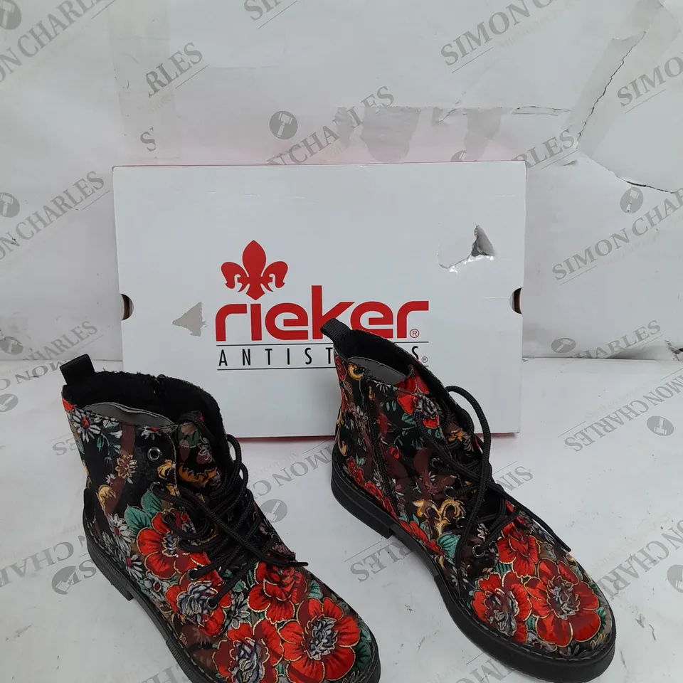 BOXED PAIR OF RIEKER LACE UP BOOTS MULTI/FLORAL PATTERN - SIZE 5