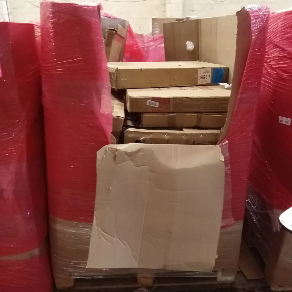 PALLET OF ASSORTED HOUSEHOLD GOODS & PRODUCTS TO INCLUDE; A BIKE, PLASTIC DINNERWARE, STEP LADDER, AIR COOLERS, BOXED FURNITURE ETC 