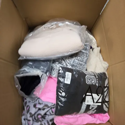 LARGE BOX OF ASSORTED CLOTHING ITEMS IN VARIOUS SIZES, STYLES AND COLOUR 