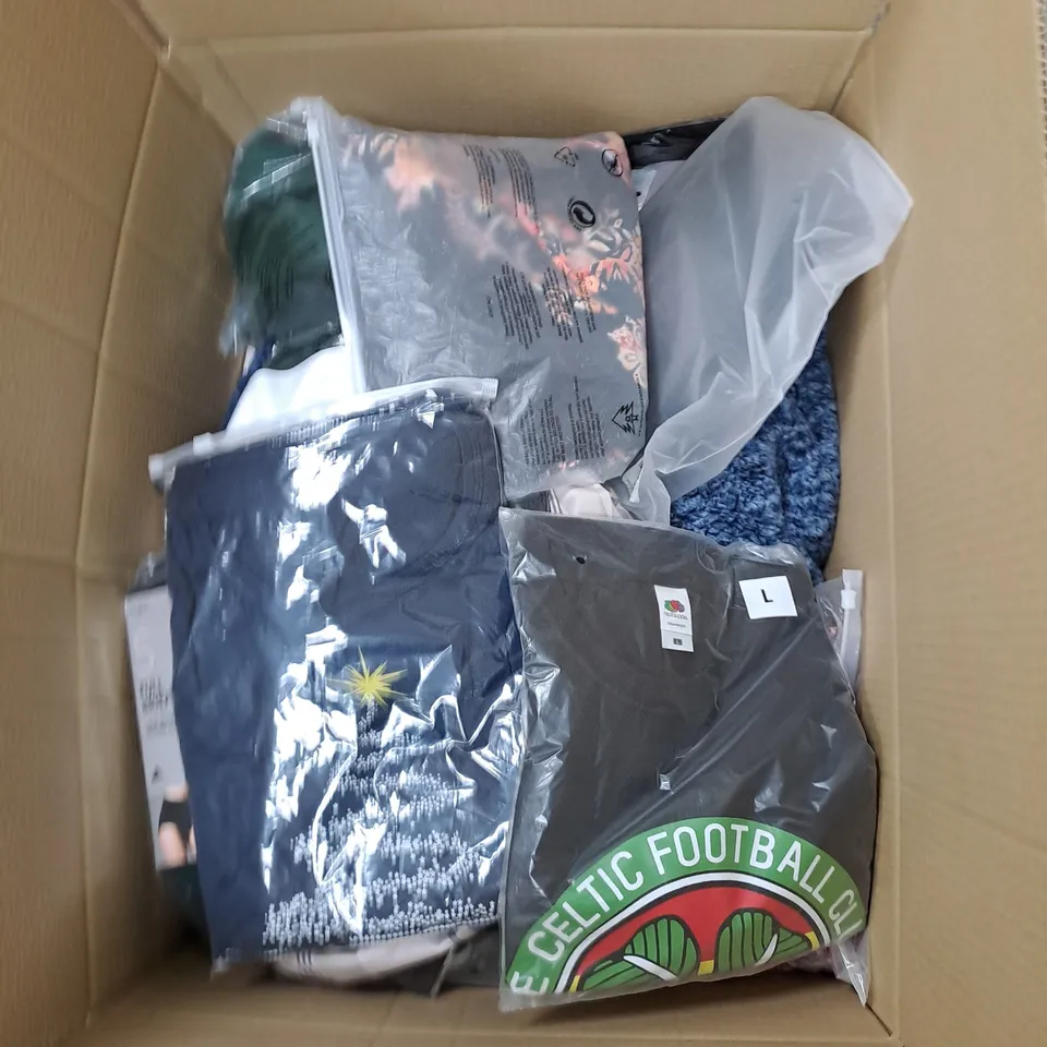 BOX OF ASSORTED CLOTHING ITEMS TO INCLUDE T-SHIRTS, POLO TOPS, SOCKS, BOXERS ETC 