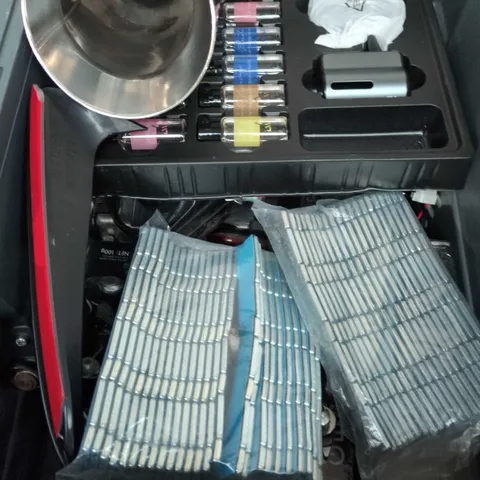 BOX OF ASSORTED ITEMS TO INCLUDE - WHEEL WIGHT'S - EXHAUST TIPS - BIKE BRAKES 