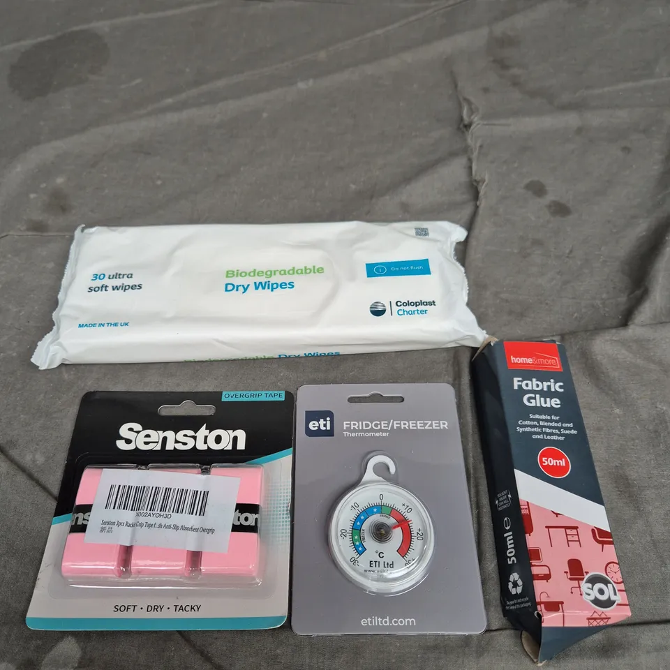 APPROXIMATELY 15 ASSORTED HOUSEHOLD ITEMS TO INCLUDE BIODEGRADEABLE DRY WIPES, FABRIC GLUE AND FRIDGE/FREEZER THERMOMETER