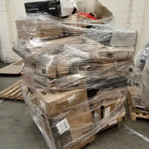 PALLET OF ASSORTED HOUSEHOLD GOODS AND PRODUCTS TO INCLUDE; GARDEN PARASOL BASES, SUITCASES, CAMPING CHAIRS ETC