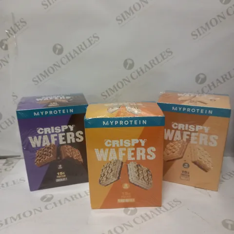 LOT OF 3 BOXES (10 BARS PER BOX) MYPROTEIN CRISPY WAFERS IN CHOCOLATE, PEANUT BUTTER & VANILLA