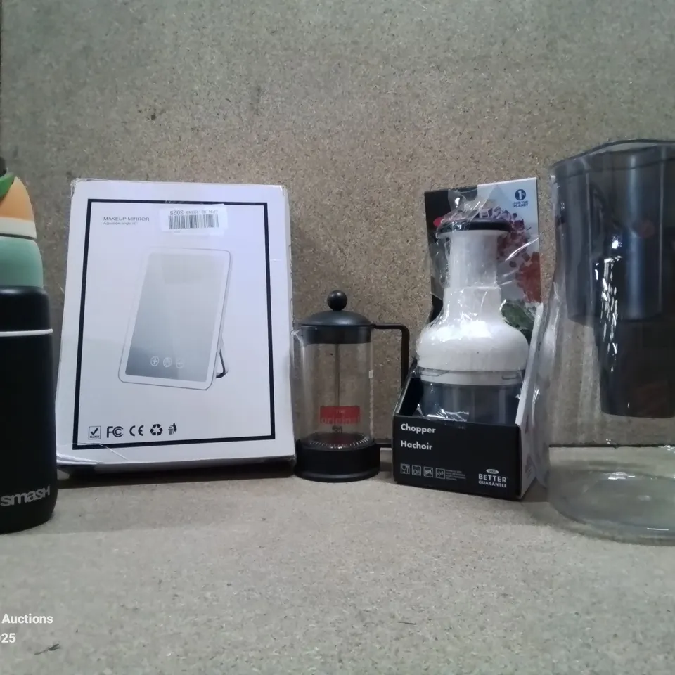 BOX TO CONTAIN ASSORTED HOUSEHOLD GOODS AND PRODUCTS TO INCLUDE; BODUM FRENCH PRESS, OXO CHOPPER, MAKE UP MIRROR ETC