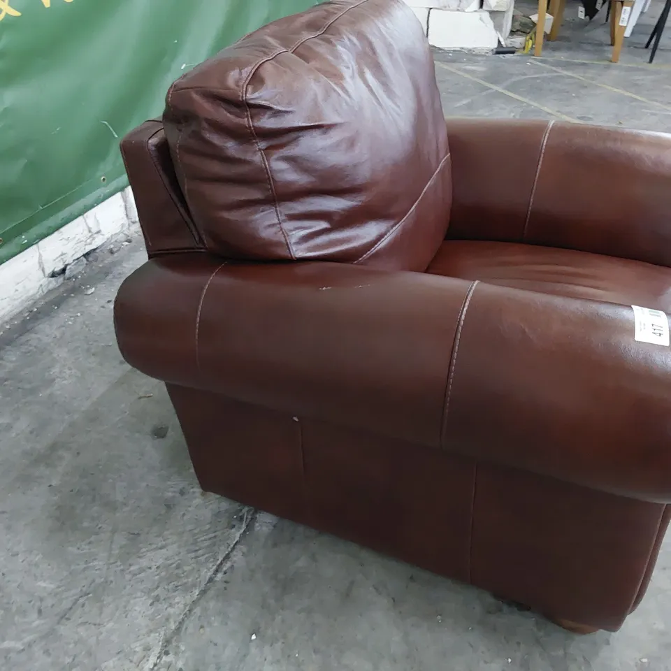 DESIGNER SCROLL ARM EASY CHAIR CHESTNUT LEATHER 