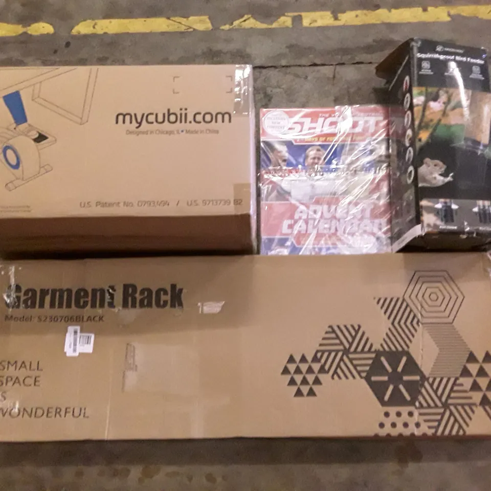 PALLET OF ASSORTED PRODUCTS INCLUDING GARMENT RACK, UNDER DESK ELLIPTICAL, SQUIRREL PROOF BIRD FEEDER, FOOTBALL ADVENT CALENDAR, MULTIFUNCTIONAL AIR OVEN, MATTRESS TOPPER 